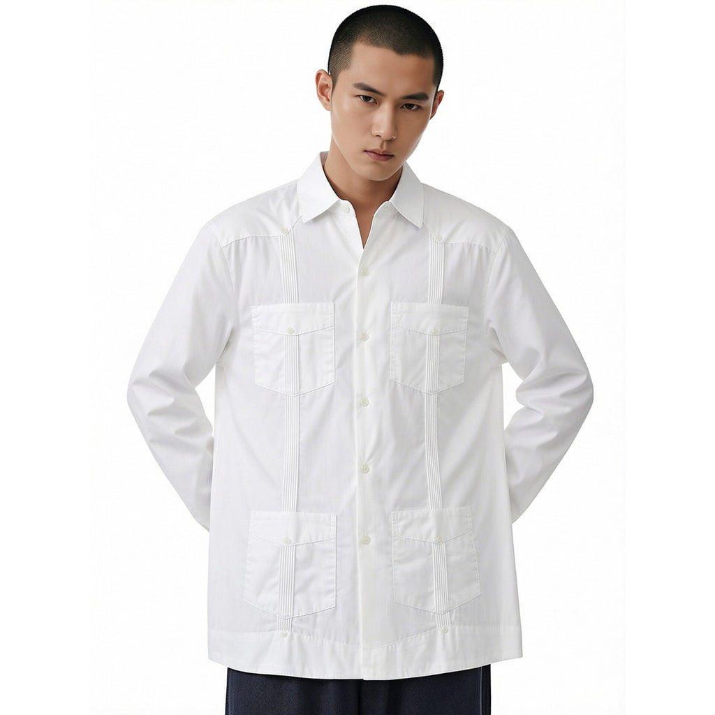 White Patchwork Casual Shirt - Slim Fit Long Sleeve Men's Top, Sizes M-XL