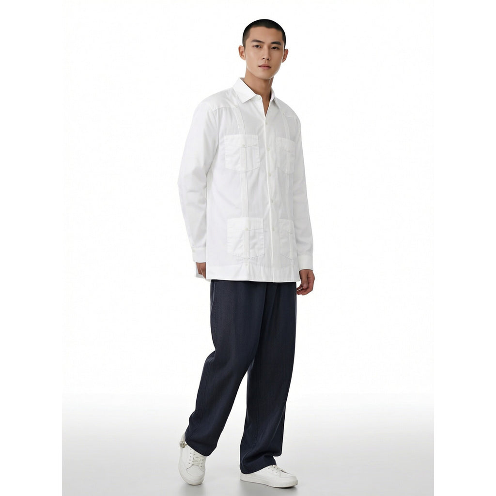 White Patchwork Casual Shirt - Slim Fit Long Sleeve Men's Top, Sizes M-XL