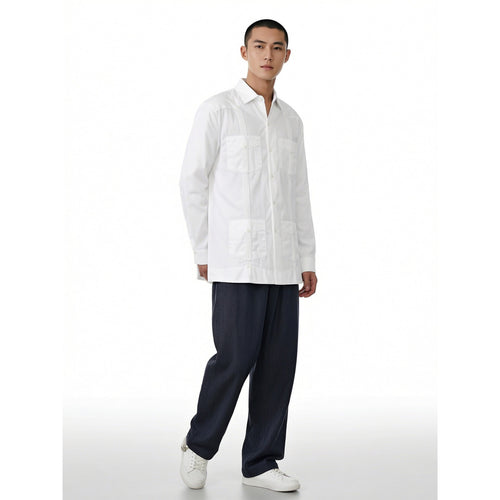 White Patchwork Casual Shirt - Slim Fit Long Sleeve Men's Top, Sizes M-XL