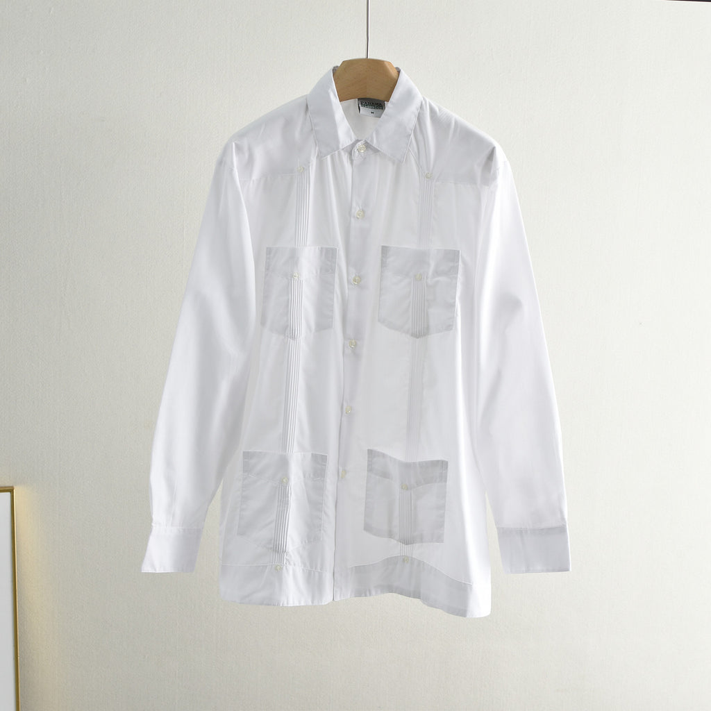 White Patchwork Casual Shirt - Slim Fit Long Sleeve Men's Top, Sizes M-XL